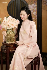 Radiant Grace in Soft Pink Silk Ao Dai: A Poetic Indochine Muse-3