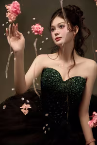 VGU No.40: Elegant Muse in Dreamy Evening Gown, Captivating Beauty Amidst Falling Petals-4