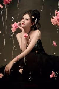 VGU No.40: Elegant Muse in Dreamy Evening Gown, Captivating Beauty Amidst Falling Petals-5