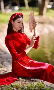 Discover the enchanting beauty of a Vietnamese woman in a traditional Red Ao Dai by the tranquil water.-0