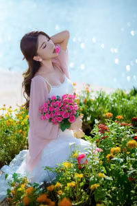 XVG No.28: Radiant beauty smiles brightly with pink roses amidst a dreamy floral landscape.-6