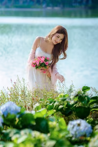 XVG No.28: Radiant beauty smiles brightly with pink roses amidst a dreamy floral landscape.-7