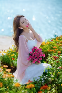 XVG No.28: Radiant beauty smiles brightly with pink roses amidst a dreamy floral landscape.-4