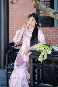 Graceful Asian Lady in Pink Ao Dai with Pristine White Lilies in Traditional Setting-6