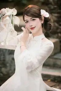 Elegant Asian Beauty: A Gentle Girl Adorned with a Pure White Orchid-11
