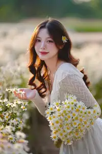 Gentle Muse in White Daisy Field: Youthful Beauty Captivating Hearts Under Golden Hour Sun-0
