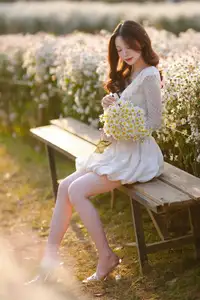 Gentle Muse in White Daisy Field: Youthful Beauty Captivating Hearts Under Golden Hour Sun-15