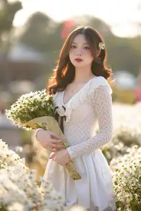 Gentle Muse in White Daisy Field: Youthful Beauty Captivating Hearts Under Golden Hour Sun-6
