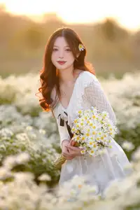 Gentle Muse in White Daisy Field: Youthful Beauty Captivating Hearts Under Golden Hour Sun-10