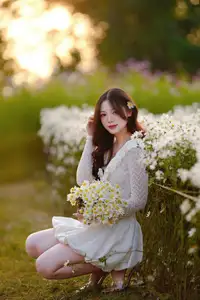Gentle Muse in White Daisy Field: Youthful Beauty Captivating Hearts Under Golden Hour Sun-16