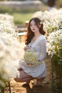 Gentle Muse in White Daisy Field: Youthful Beauty Captivating Hearts Under Golden Hour Sun-3