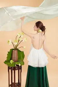 Elegant Vietnamese Muse with Gentle Lotus Flowers, Wearing Modernized Yếm Top 1000025258-3