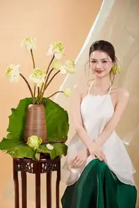 Elegant Vietnamese Muse with Gentle Lotus Flowers, Wearing Modernized Yếm Top 1000025258-10