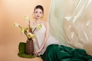 Elegant Vietnamese Muse with Gentle Lotus Flowers, Wearing Modernized Yếm Top 1000025258-1