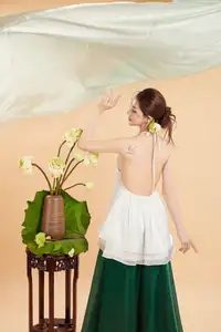 Elegant Vietnamese Muse with Gentle Lotus Flowers, Wearing Modernized Yếm Top 1000025258-6