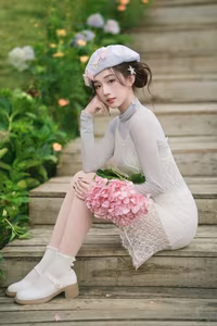 XVG No.12: Charming Girl in Elegant Lace Dress & Beret Amidst Blooming Hydrangeas Garden-3