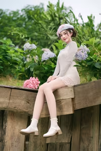 XVG No.12: Charming Girl in Elegant Lace Dress & Beret Amidst Blooming Hydrangeas Garden-0