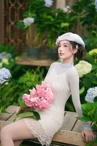 XVG No.12: Charming Girl in Elegant Lace Dress & Beret Amidst Blooming Hydrangeas Garden-2