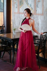 Capture the Essence of Asian Charm: Modern Red Dress with Elegant Traditional Motifs for Sophisticated Fashion Lovers-6